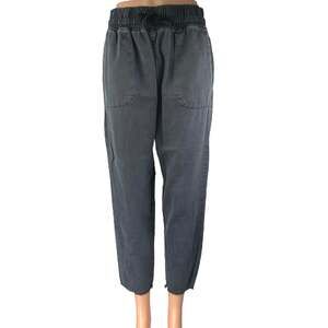 Zara Black Gray Drawstring Raw Hem High Waist Straight Leg Trousers Pants Size S